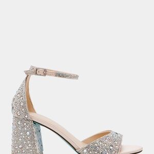 Betsy Johnson NIB Kami Rhinestone Embellished Heels - Silver Crystal Block Heel